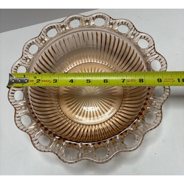 Vintage Peach Pink Openwork Depression Glass Serving Bowl With Ribbed Sides & Starburst Bas For Sale In Indianapolis - Image 6 of 7