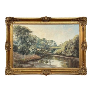 Vintage Allan Ardies 1918 - 2014 Oil Painting of a Tree-Lined River Landscape in the Irish Countryside 1980 Circa For Sale
