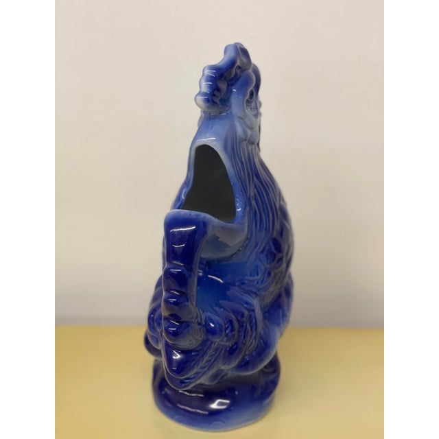 Vintage Mid 20th Century Blue Pottery Glazed Rooster Pitcher For Sale - Image 4 of 5