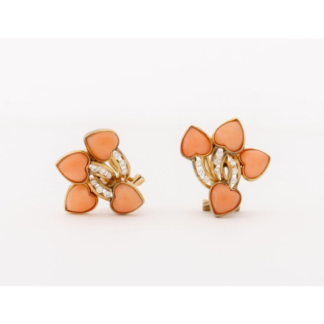 Vintage Modernist 14k Yellow Gold and Coral Diamond Earrings For Sale - Image 4 of 7