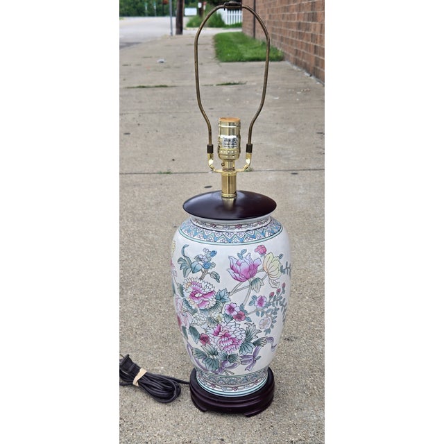 Vintage Chinese Porcelain Floral Table Lamp With Hardwood Base & Pleated Shade For Sale - Image 12 of 12