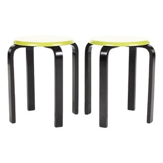 Vintage Mid Century Post Modern Bentwood Stacking Stools — Lime Green + Black Lacquer — Set of Two For Sale