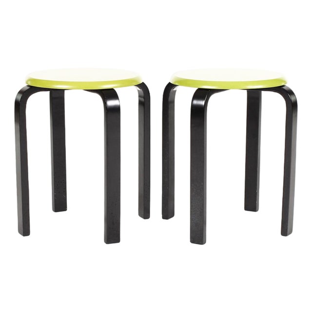 Vintage Mid Century Post Modern Bentwood Stacking Stools — Lime Green + Black Lacquer — Set of Two For Sale