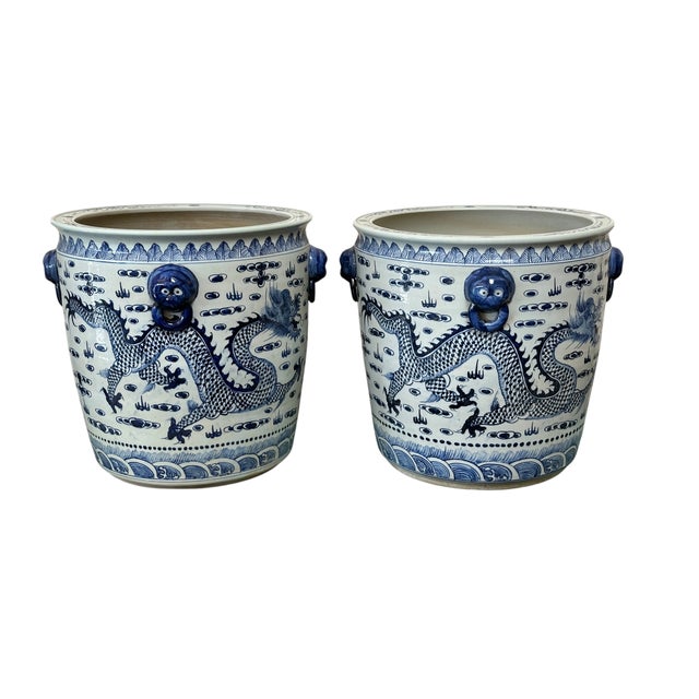 Contemporary Large Chinoiserie Coastal Blue & White Planters - A Pair For Sale In Houston - Image 6 of 8