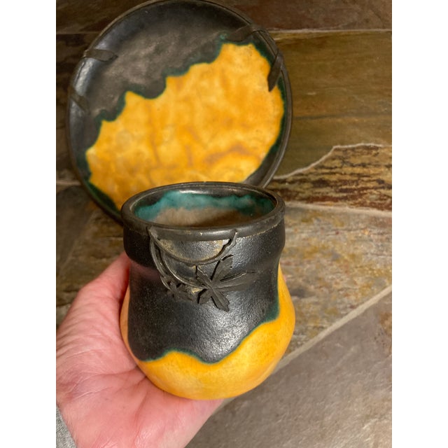 Metal 1920s Louis Dage and Eugene Val French Art Deco Ceramic Pottery - Set of 2 Pieces, Platter and Cup, Famous Egg Yolk Glaze For Sale - Image 7 of 13