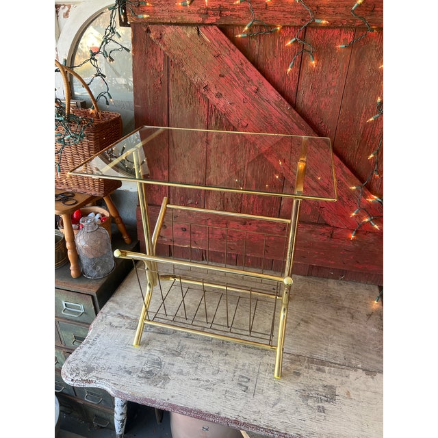 Vintage Brass & Glass Magazine Rack With Tempered Glass Top Mid-Century Modern Style For Sale In Kansas City - Image 6 of 17