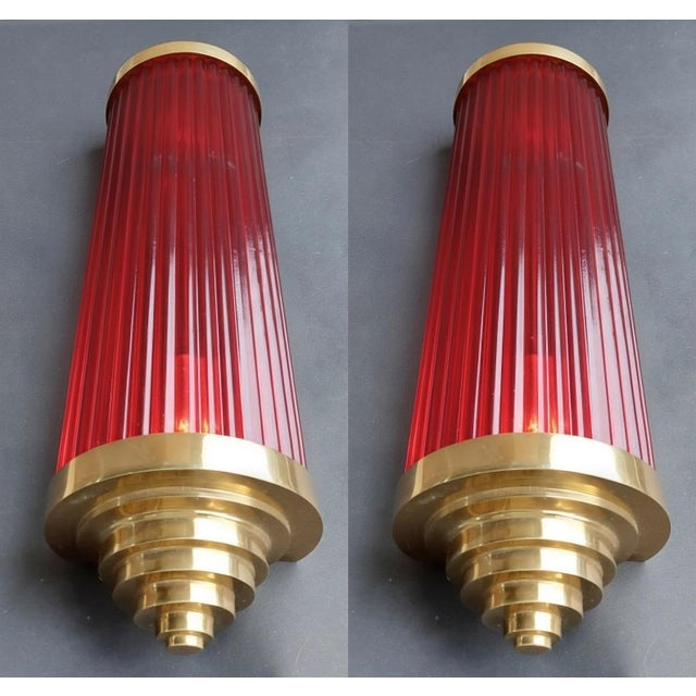 Art Deco Vintage Art Deco Light Old Lamp Wall Sconces Fixture Brass & Red Glass Rod Ship Light - Pair For Sale - Image 3 of 6