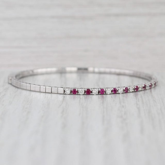 Modern 1.25ctw Diamond Ruby Flexible Bangle Tennis Bracelet 14k White Gold 6.75" For Sale - Image 3 of 7