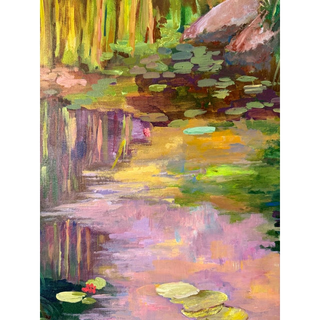 Pink Impressionistic "Water Lily Pond" Oil on Canvas by Marion Saltzman For Sale - Image 8 of 9