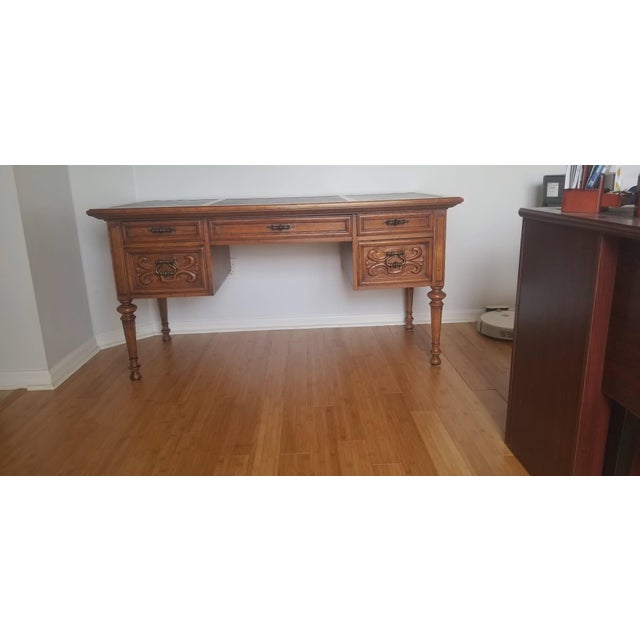 Wood Vintage Drexel Traditional Leather-Top Executive Desk and Cane-Back Chair Set For Sale - Image 7 of 18