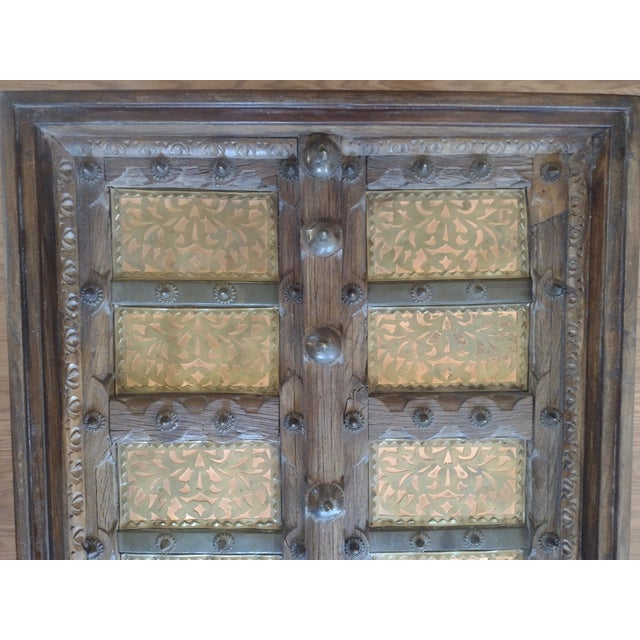 Wood Table -Antique Indian Sheesham Wood Door Coffee Table With Brass-Copper Inlay & Mango Wood Base For Sale - Image 7 of 11