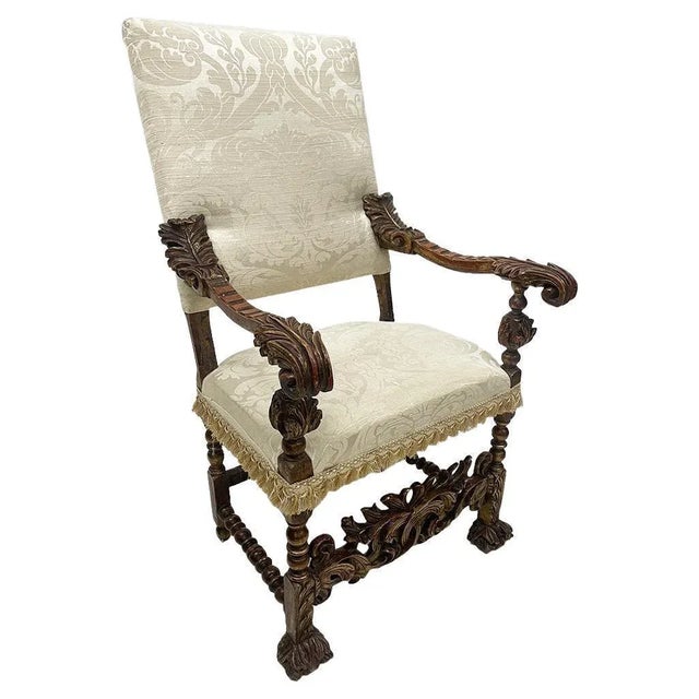 Italian 19th Century Throne armchair Italian carved pine Throne chair with high backrest and acanthus leaves in red...