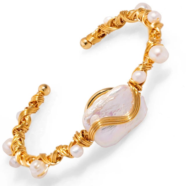 Early 21st Century Cleopatra Twisted Design Pearl & Gold Cuff Bracelet For Sale - Image 5 of 6