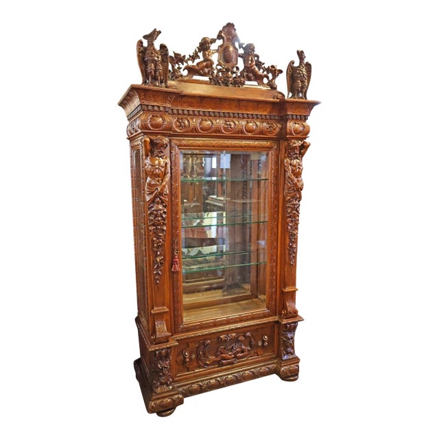19th Century Renaissance Revival Atlas Walnut Figural Curio China Cabinet For Sale