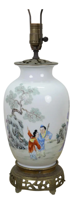 Chinese Famille Porcelain Ginger Jar Mantel Vase Urn Scholar Warrior Lamp 29"