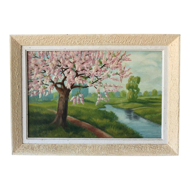 Midcentury French Cherry Blossom Landscape Painting For Sale