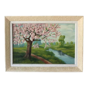 Midcentury French Cherry Blossom Landscape Painting