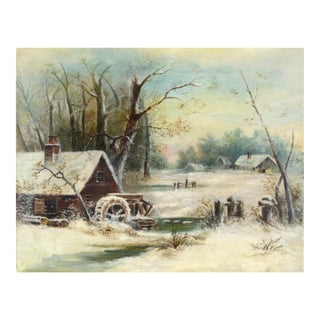 Grist Mill in the Snow - Early 20th Century Winter American Landscape For Sale