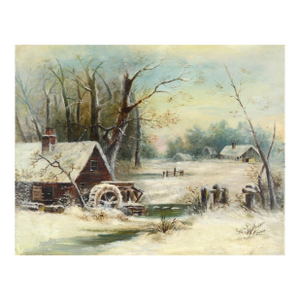 Grist Mill in the Snow - Early 20th Century Winter American Landscape