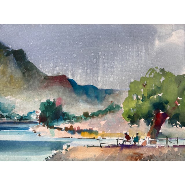 Vintage California Impressionist Watercolor Painting Lake Rain Signed Buchwald For Sale - Image 4 of 4