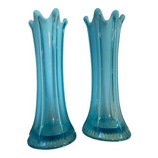 Pair of Vintage Blue Aqua Opalescent Glass Vases 7” Tall For Sale