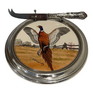 1950s Mid Century Modern Porcelain and Sterling Cheese Plate With Coordinating Cheese Knife For Sale