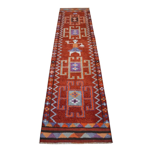 1960s Vintage Hand-Knotted Primitive Turkish Rug Runner Ancient Alien Motif - 2′8″ × 10′8″ For Sale