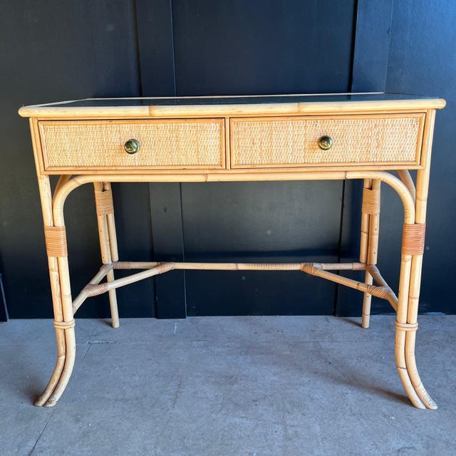 Mid-Century Modern Cane and Bamboo Dressing Table with 2 Drawers, 1970s For Sale - Image 3 of 10