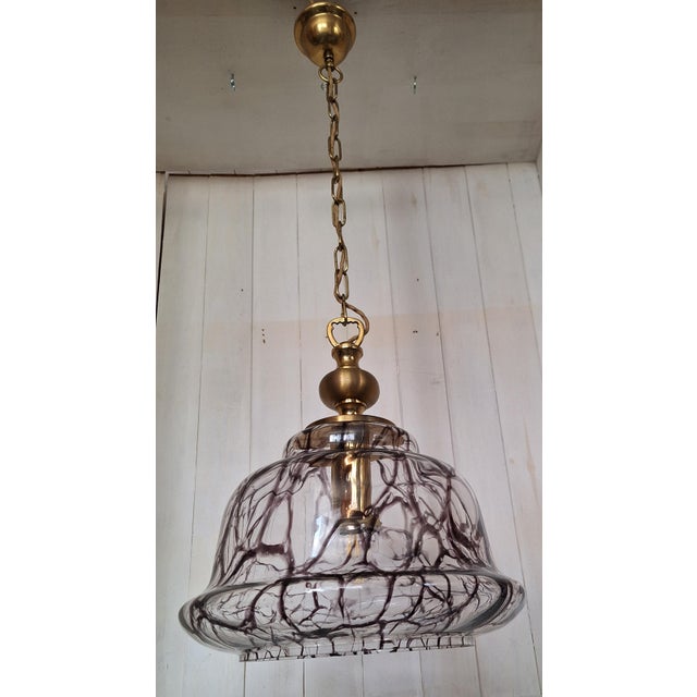 Vintage Ceiling Lamp with Purple-Brown Marbled Clear Glass Shade with on Brass Mount For Sale - Image 6 of 7