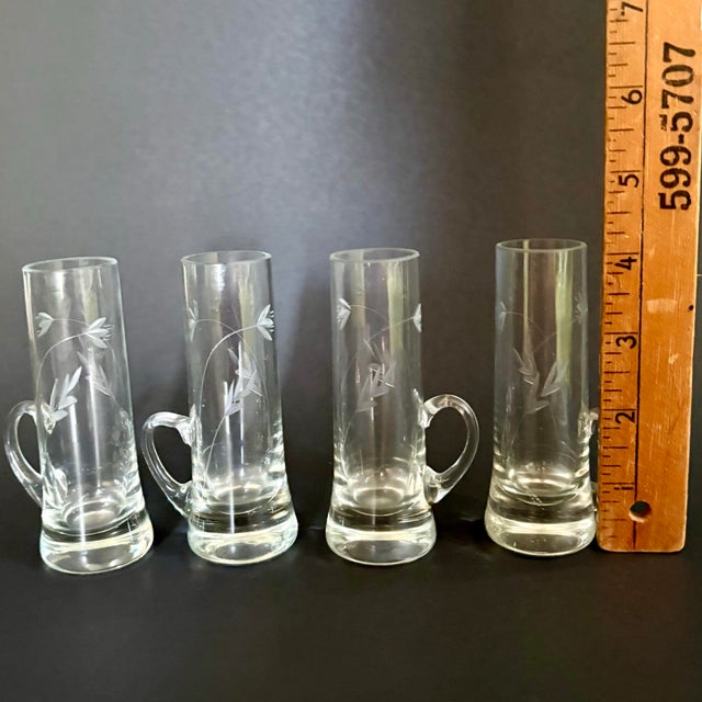 Vintage Shot Glasses With Handle Blown Glass Etched Floral Limoncello or Vodka Glasses - Set of 4 For Sale In Miami - Image 6 of 6