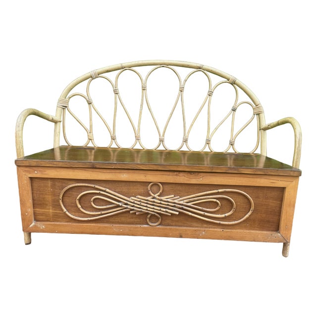 Wooden and Rattan Children's Bench, 1950s For Sale