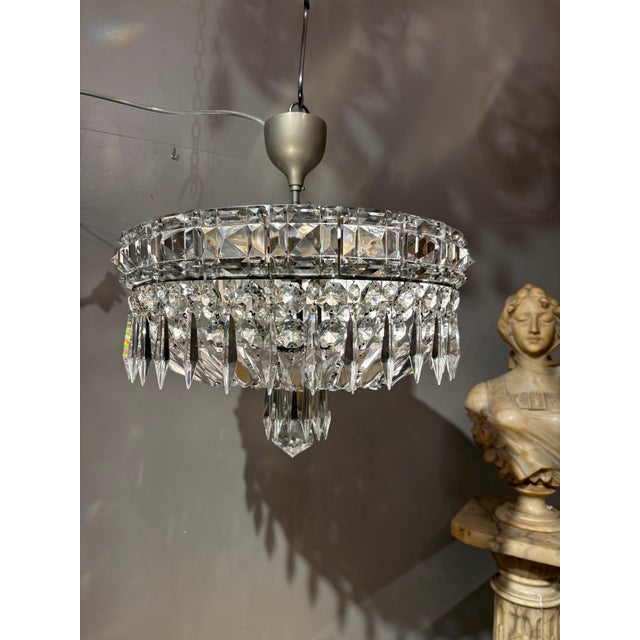 Chrome 1950s Italian Mid-Century Chrome and Bohemian Crystal Flush Mount For Sale - Image 8 of 8