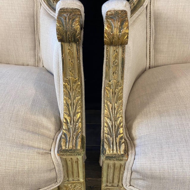 Linen Carved Pair of Newly Upholstered Louis XVI Bergeres -A Pair For Sale - Image 8 of 12