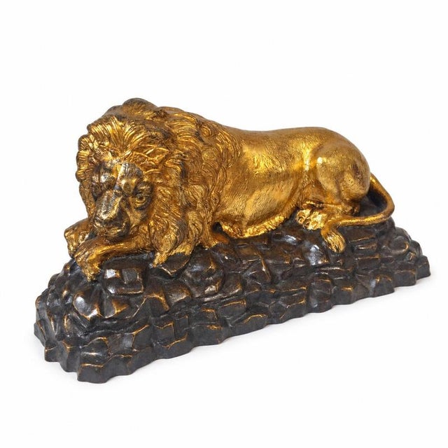 Gold French School Artist, Reclining Lions, Gilded Bronze, Set of 2 For Sale - Image 8 of 9