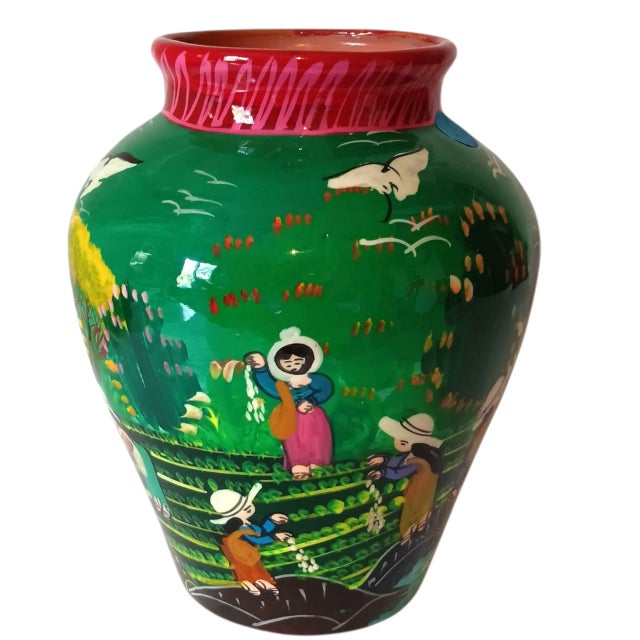 Art Deco Vintage Mexican Folk Art Vase Handpainted Terracotta Colorful Green Blue Red Glossy 8" X 7" For Sale - Image 3 of 15