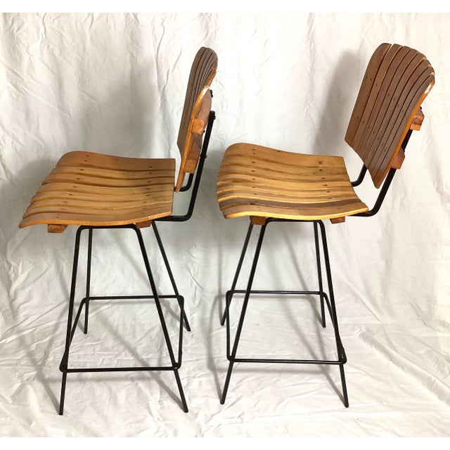 Mid-Century Modern Pair Mid Century Slatted Bar Stools in the Style of Arthur Umanoff For Sale - Image 3 of 6