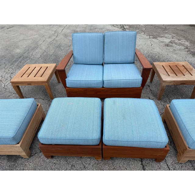 1990s Vintage Brown Jordan "Mission Teak" Deep Seating Patio Set With Blue Cushions - 10 Pieces For Sale - Image 9 of 11