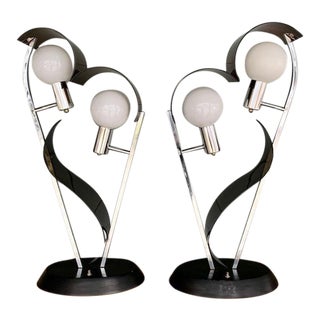 1970s Smoked Lucite and Chrome Abstract Flower Lamps - a Pair For Sale