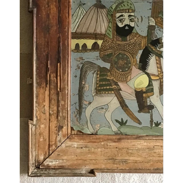 Green Large 19th-Century Persian Qajar Dynasty Reverse Glass Painting – Battle Encampment Scene For Sale - Image 8 of 12