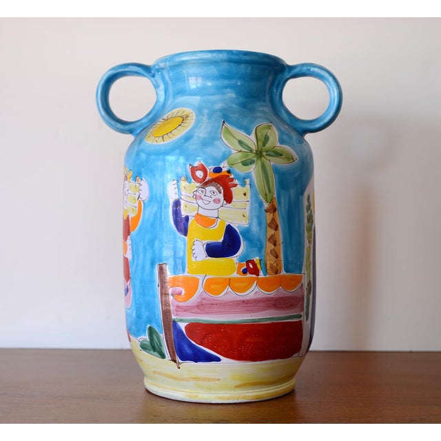 A stunning rare large mid century Italian ceramic vessel or jug from La Musa. Almost 16" tall! Super vibrant colors...
