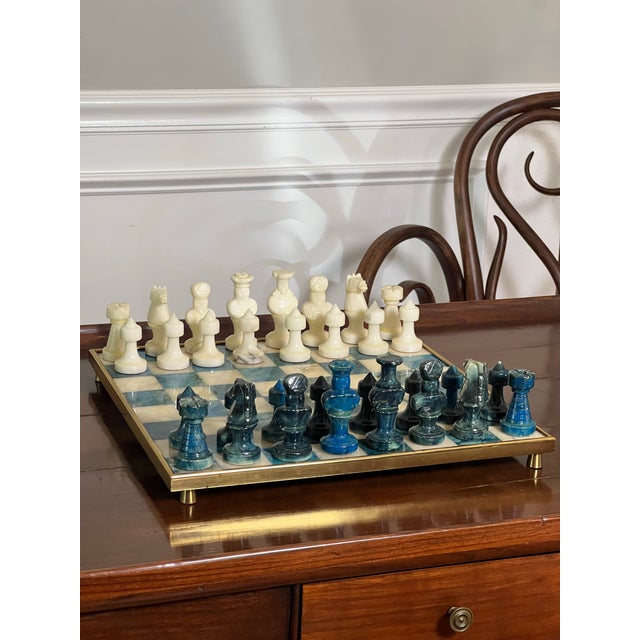 Chinese Stone Chess Set on Brass Framed and Footed Board in Blue and White, 1960s For Sale - Image 12 of 15