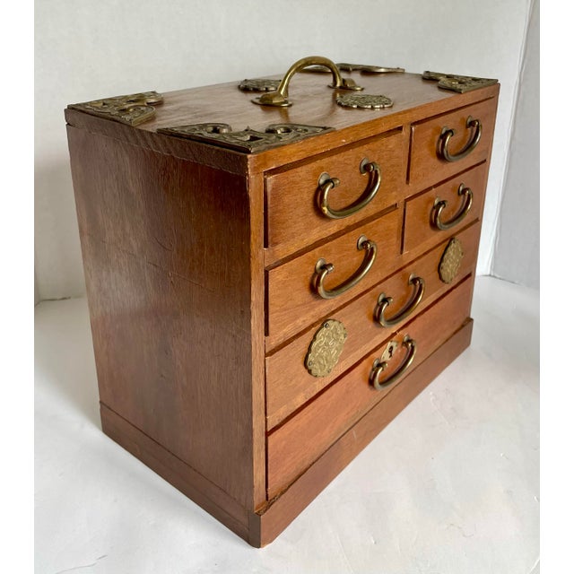 Vintage Japanese Tansu Wood & Brass Six-Drawer Jewelry Chest For Sale - Image 10 of 12