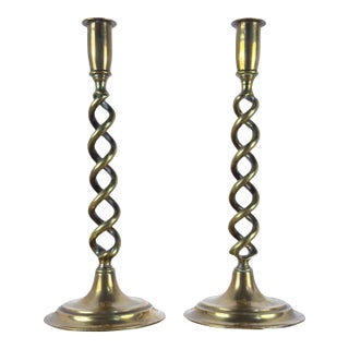 Antique English Pair of Large Brass Twist Candlesticks For Sale