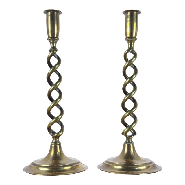 Antique English Pair of Large Brass Twist Candlesticks For Sale