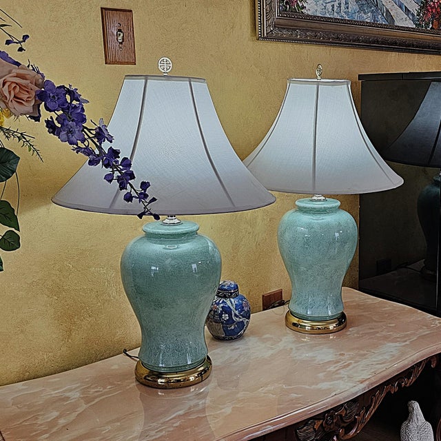 Late 20th Century Pair of Vintage Celadon Glazed Ceramic Ginger Jar Table Lamps For Sale - Image 5 of 18