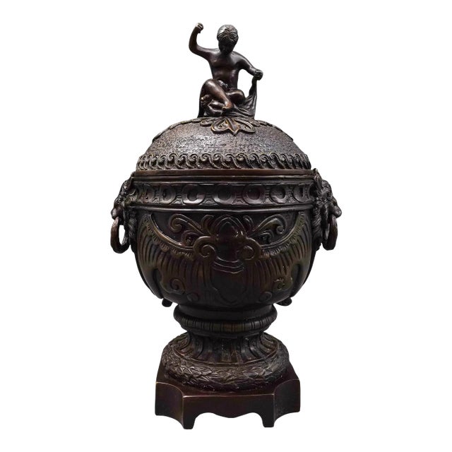 Mid 20th Century Maitland Smith Vintage Bronze Cherub Lidded Large Urn Compote Lion Handles For Sale