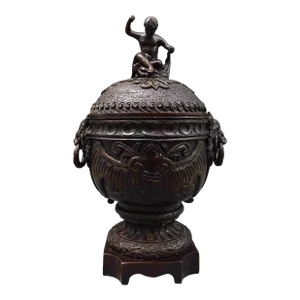 Mid 20th Century Maitland Smith Vintage Bronze Cherub Lidded Large Urn Compote Lion Handles