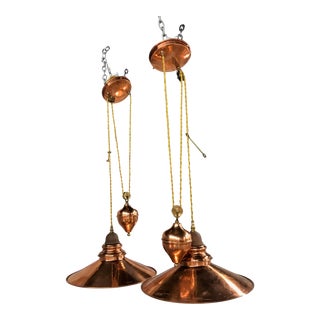 Copper Rise and Fall Pendant Lights - Pierre Vergnes for the French House - a Pair For Sale