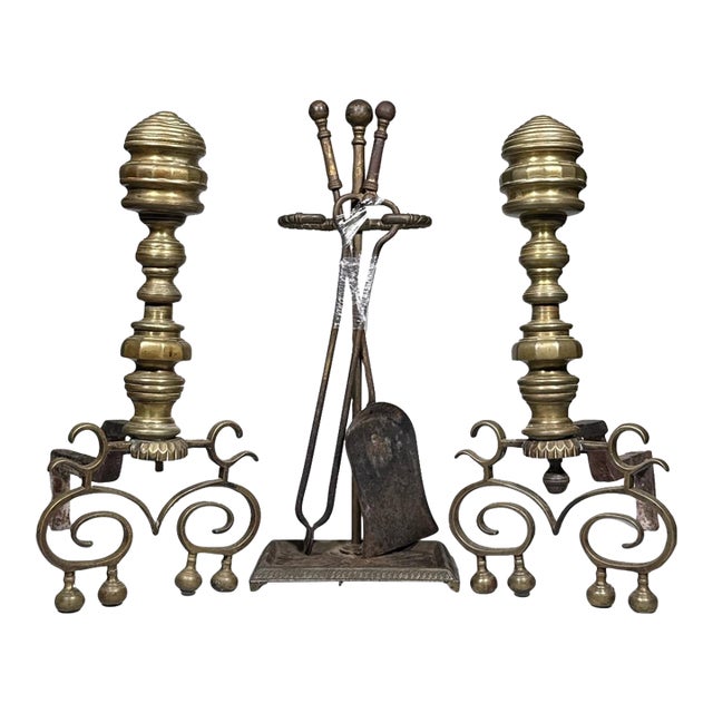 Antique Federal Style Brass and Iron Fireplace Set—Five Pieces For Sale