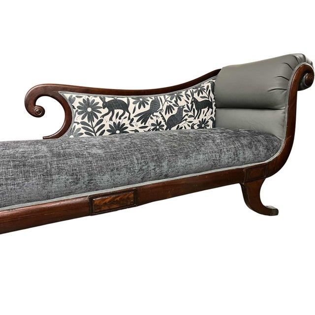 Mid 19th Century ‘Empress Carlota’ Mahogany Empire Chaise - Circa 1860s - Reupholstered With New Otomi Hand Embroidery and Leather For Sale - Image 5 of 12